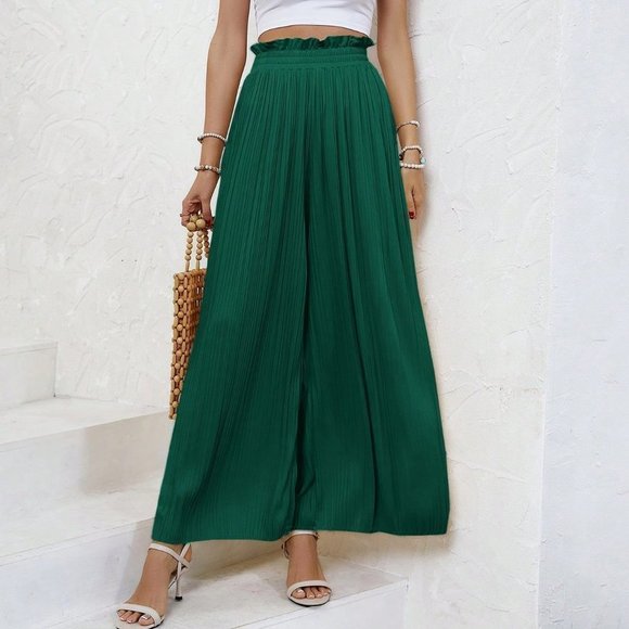 Green Boho Womens Paperbag Waist Pleated Wide Leg Pants - Picture 4 of 5